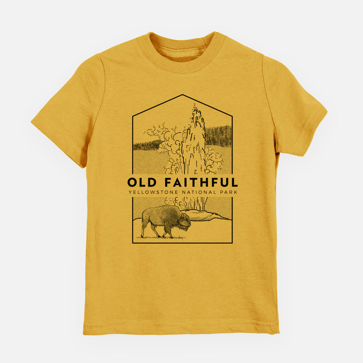 Honeycomb yellow youth t-shirt laid flat, printed with a black line art badge of the Old Faithful geyser erupting with a bison nearby, with the words Old Faithful, Yellowstone National Park.