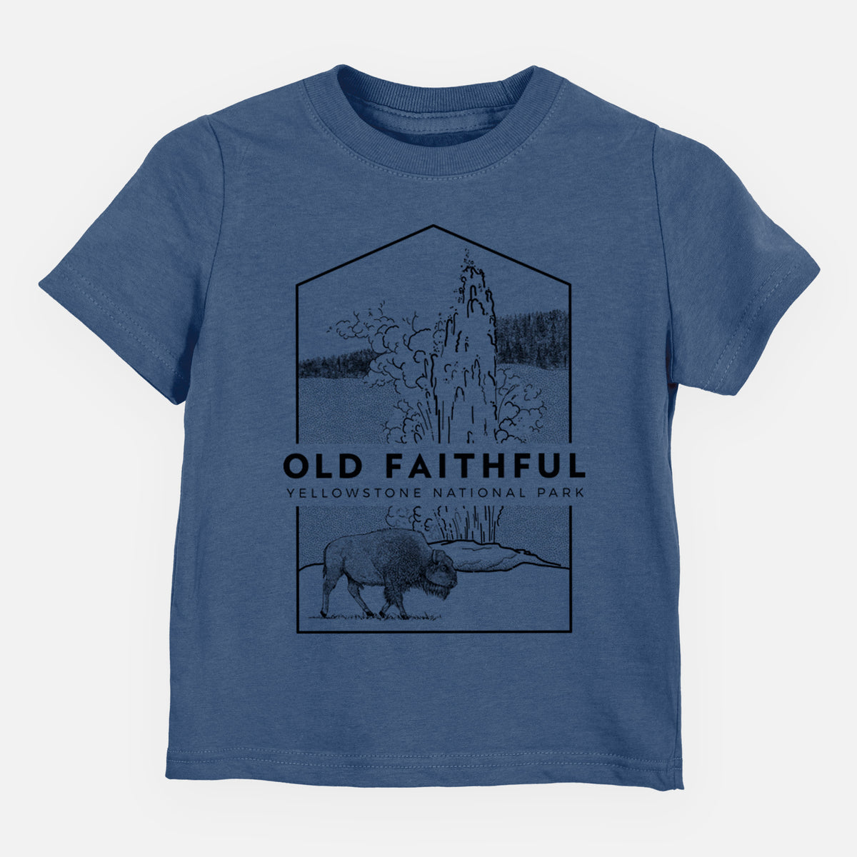 Indigo blue toddler t-shirt laid flat, printed with a black line art badge of the Old Faithful geyser erupting with a bison nearby, with the words Old Faithful, Yellowstone National Park.