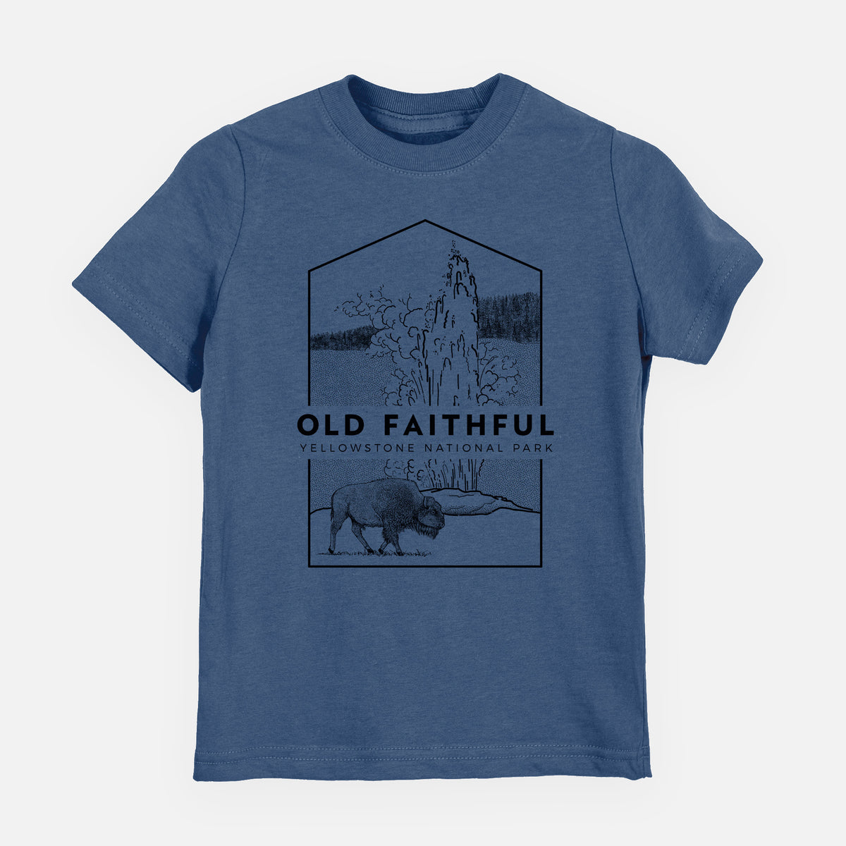 Indigo blue youth t-shirt laid flat, printed with a black line art badge of the Old Faithful geyser erupting with a bison nearby, with the words Old Faithful, Yellowstone National Park.
