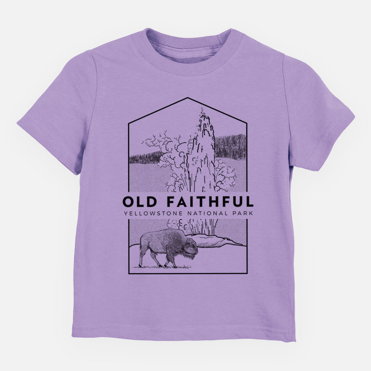 Lavender toddler t-shirt laid flat, printed with a black line art badge of the Old Faithful geyser erupting with a bison nearby, with the words Old Faithful, Yellowstone National Park.
