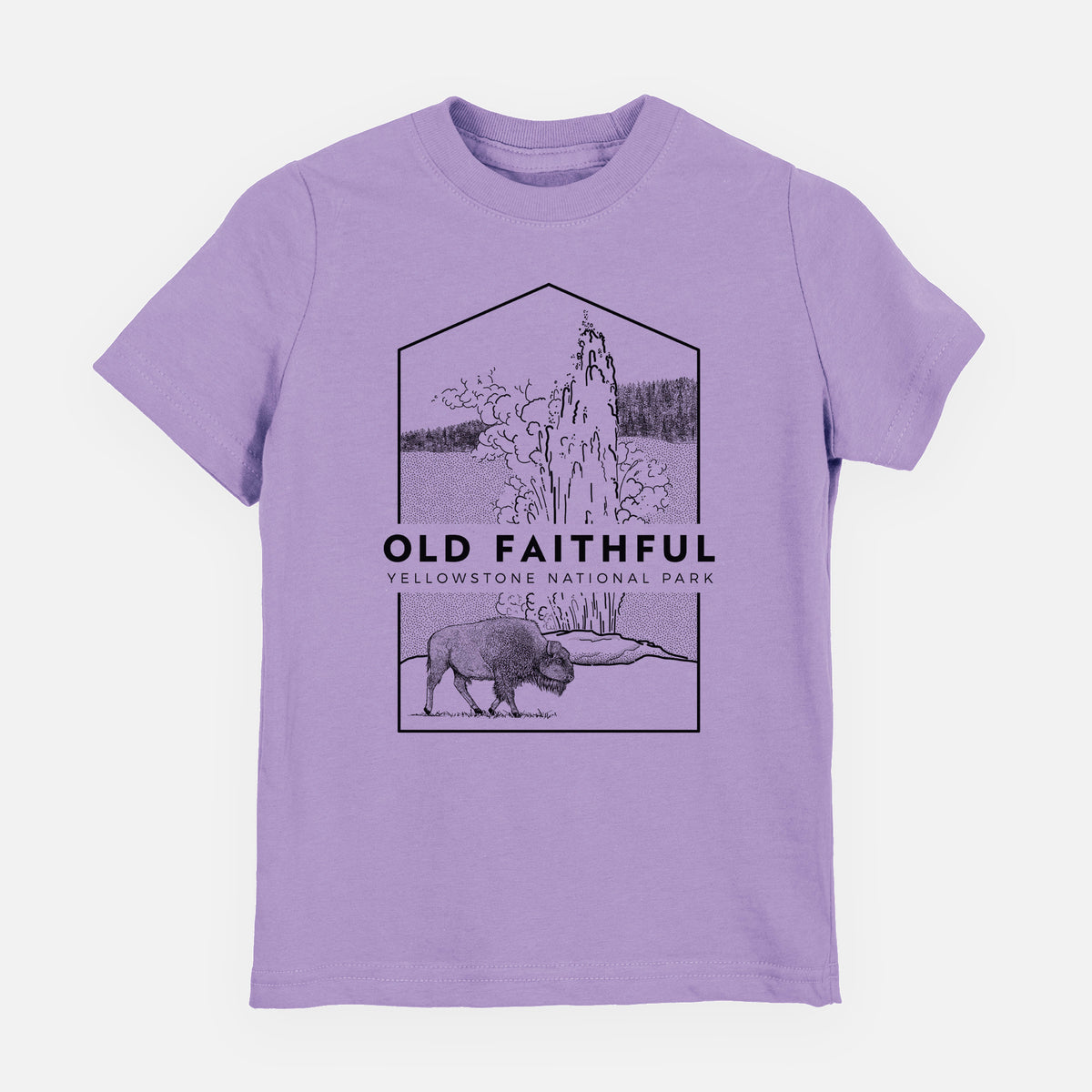 Lavender youth t-shirt laid flat, printed with a black line art badge of the Old Faithful geyser erupting with a bison nearby, with the words Old Faithful, Yellowstone National Park.