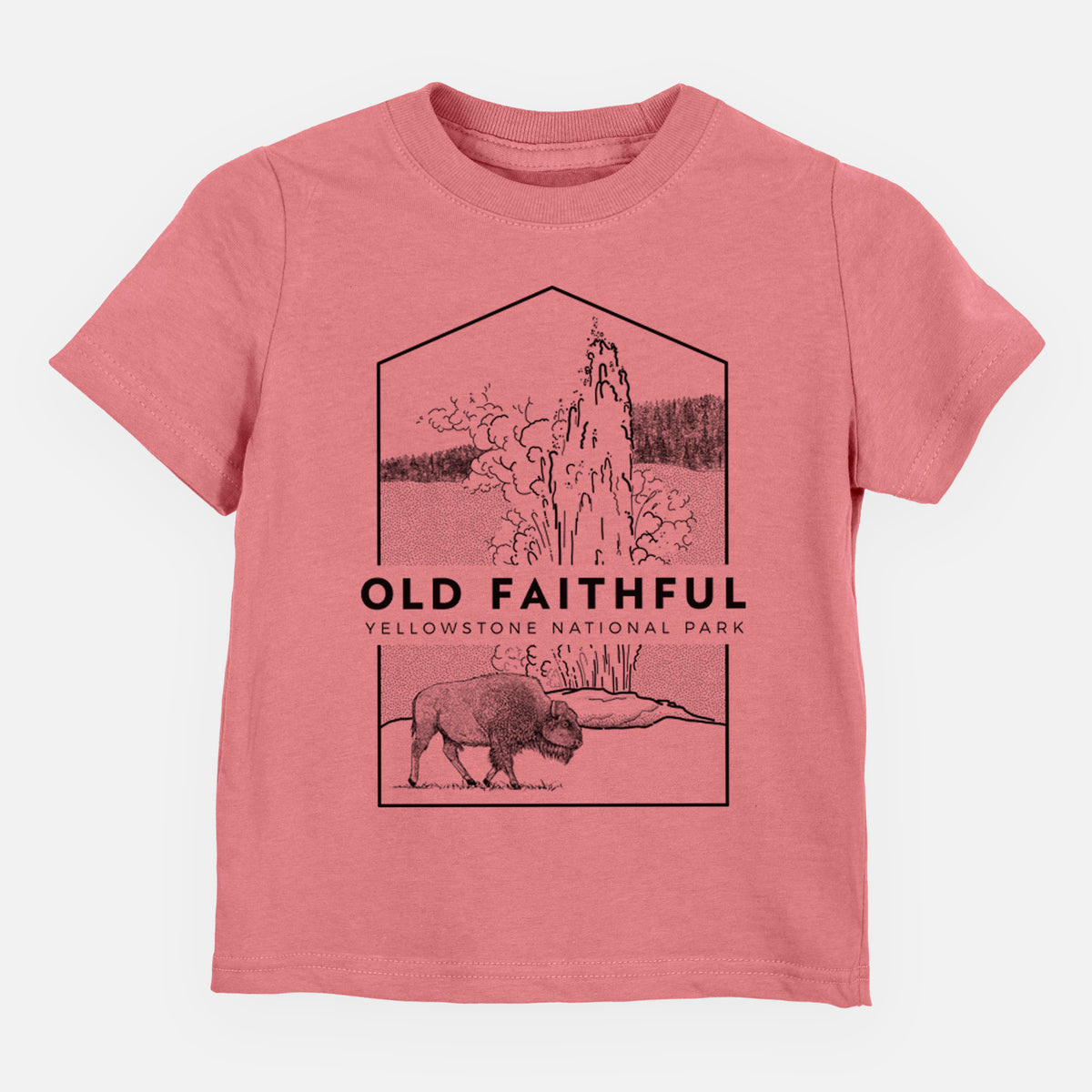 Mauve pink toddler t-shirt laid flat, printed with a black line art badge of the Old Faithful geyser erupting with a bison nearby, with the words Old Faithful, Yellowstone National Park.