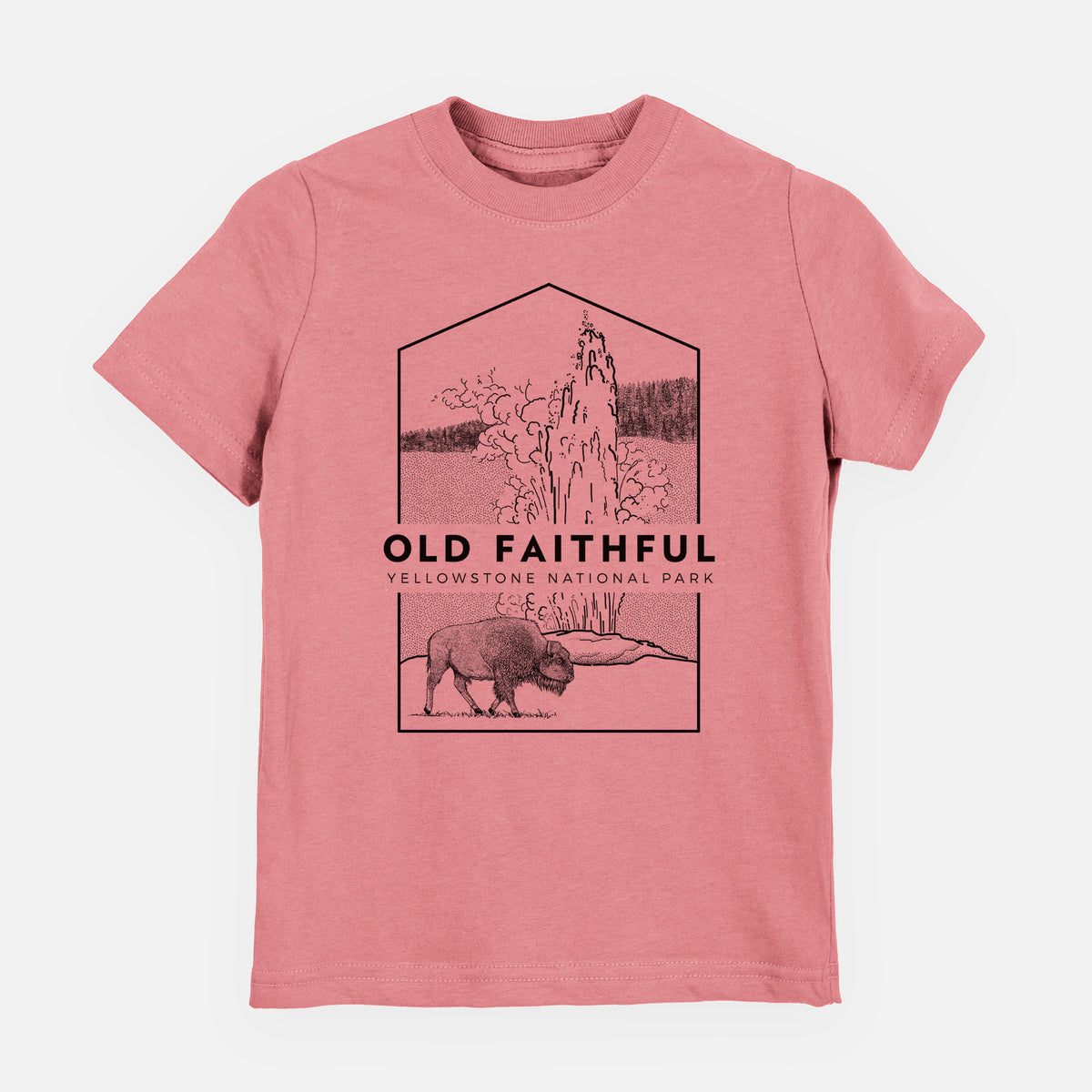 Mauve pink youth t-shirt laid flat, printed with a black line art badge of the Old Faithful geyser erupting with a bison nearby, with the words Old Faithful, Yellowstone National Park.