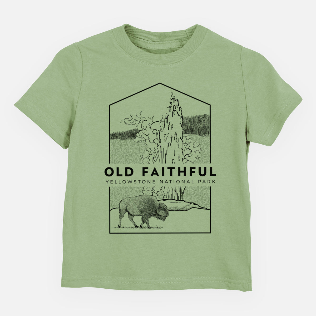 Sage green toddler t-shirt laid flat, printed with a black line art badge of the Old Faithful geyser erupting with a bison nearby, with the words Old Faithful, Yellowstone National Park.