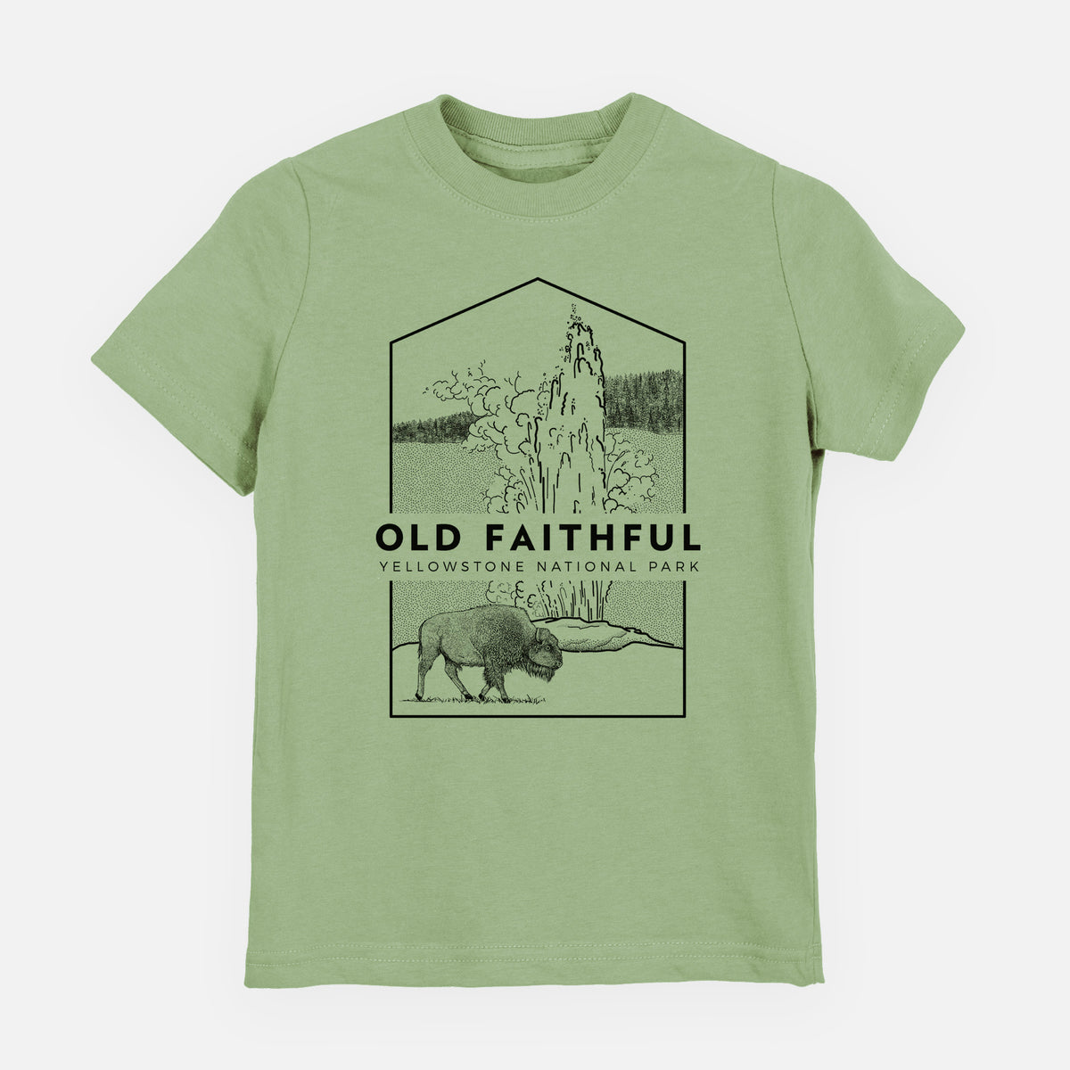 Sage green youth t-shirt laid flat, printed with a black line art badge of the Old Faithful geyser erupting with a bison nearby, with the words Old Faithful, Yellowstone National Park.