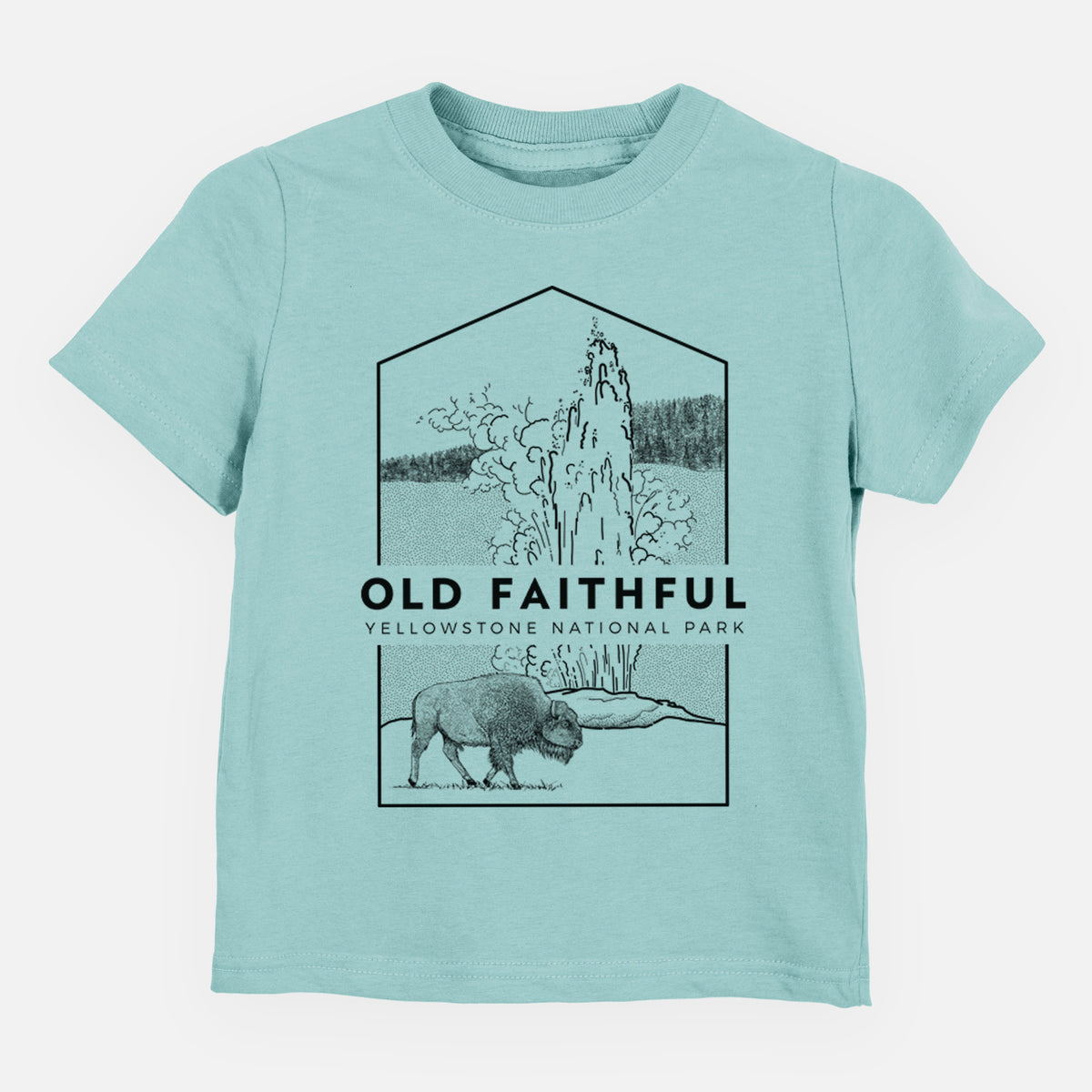 Saltwater toddler t-shirt laid flat, printed with a black line art badge of the Old Faithful geyser erupting with a bison nearby, with the words Old Faithful, Yellowstone National Park.