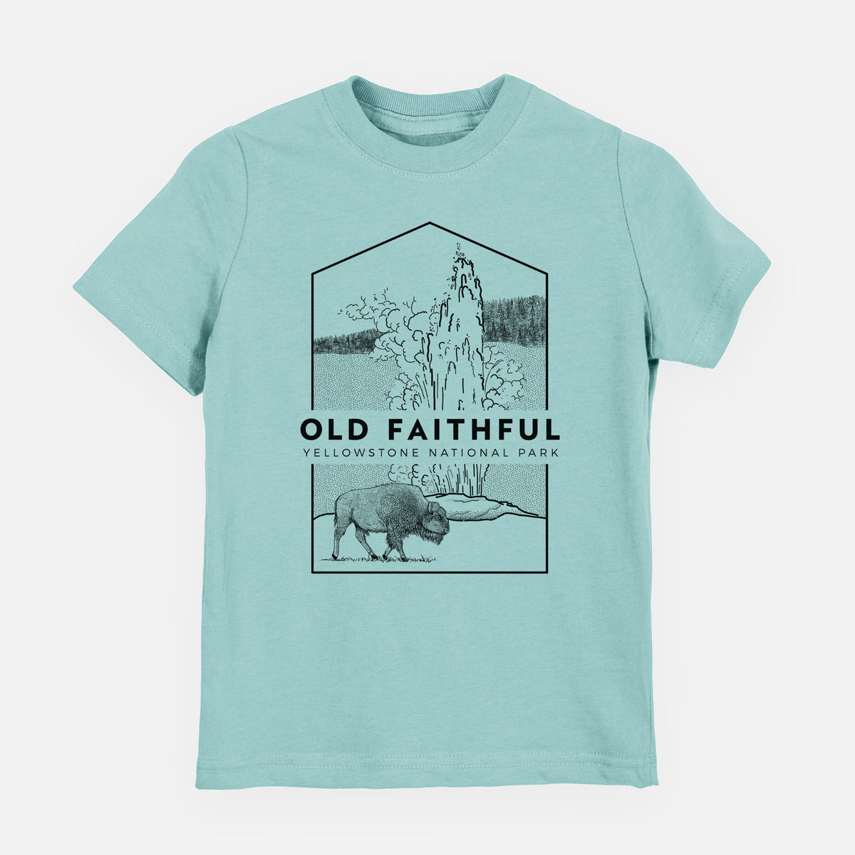 Saltwater youth t-shirt laid flat, printed with a black line art badge of the Old Faithful geyser erupting with a bison nearby, with the words Old Faithful, Yellowstone National Park.