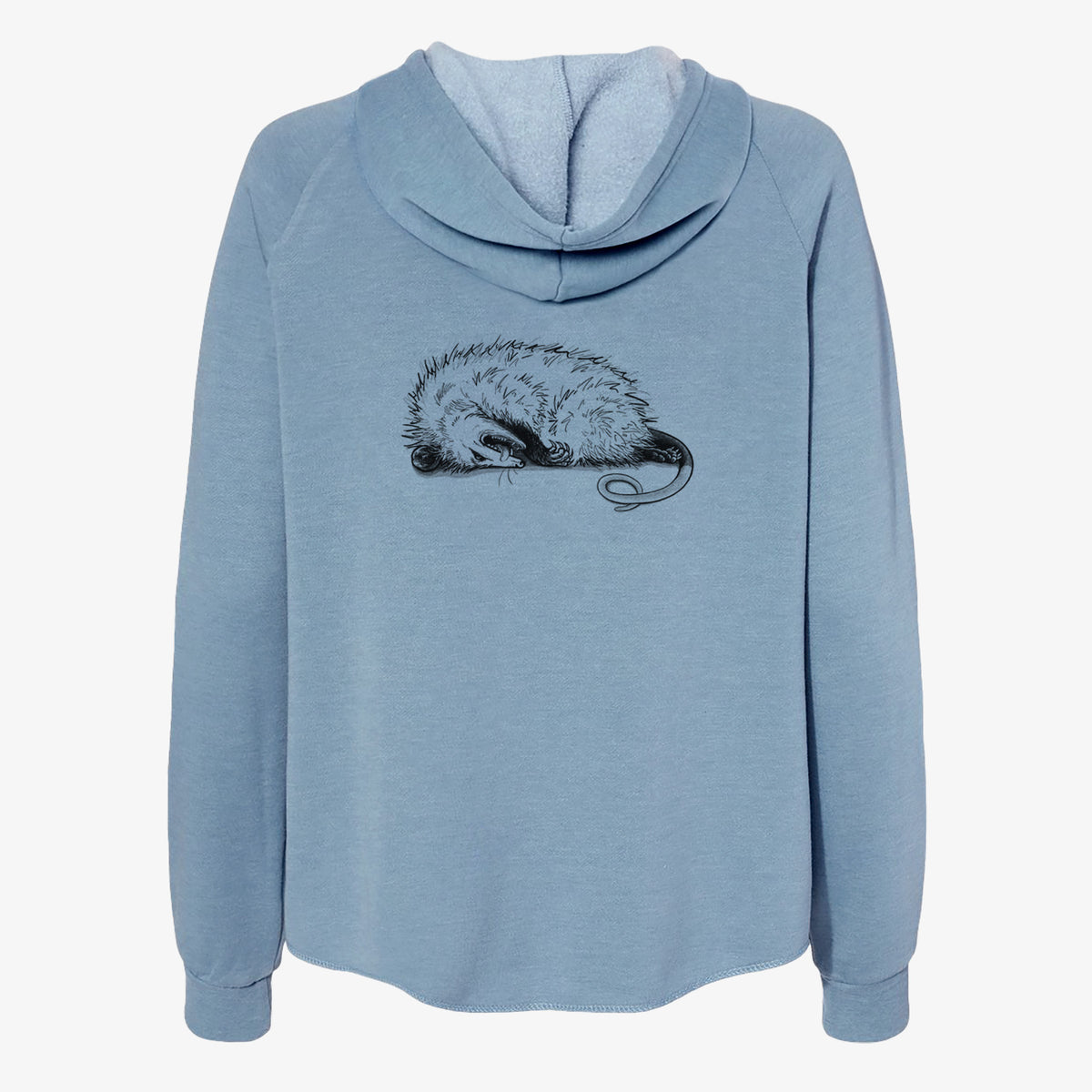 Misty blue women's Cali Wave zip-up sweatshirt laid flat, printed with a black ink illustration of an opossum lying on its side playing dead.