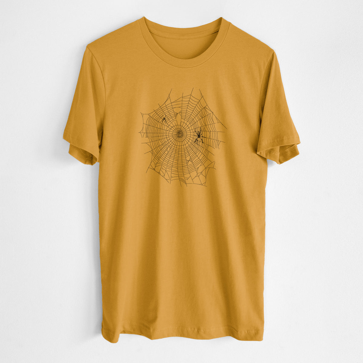 Honeycomb yellow lightweight cotton t-shirt laid flat, printed with a black ink line drawing of an orb weaver spider in the center of its web.