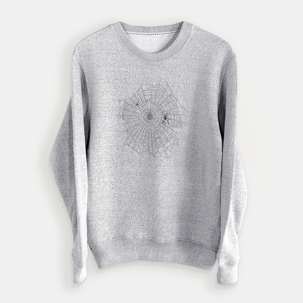 Salt and pepper knit sweatshirt laid flat, printed with a black ink line drawing of an orb weaver spider in the center of its web.