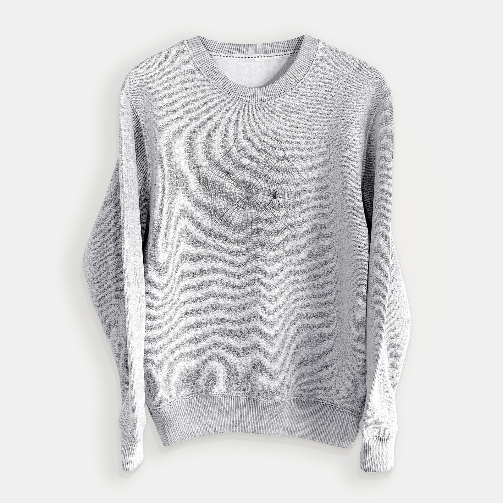 Salt and pepper knit sweatshirt laid flat, printed with a black ink line drawing of an orb weaver spider in the center of its web.