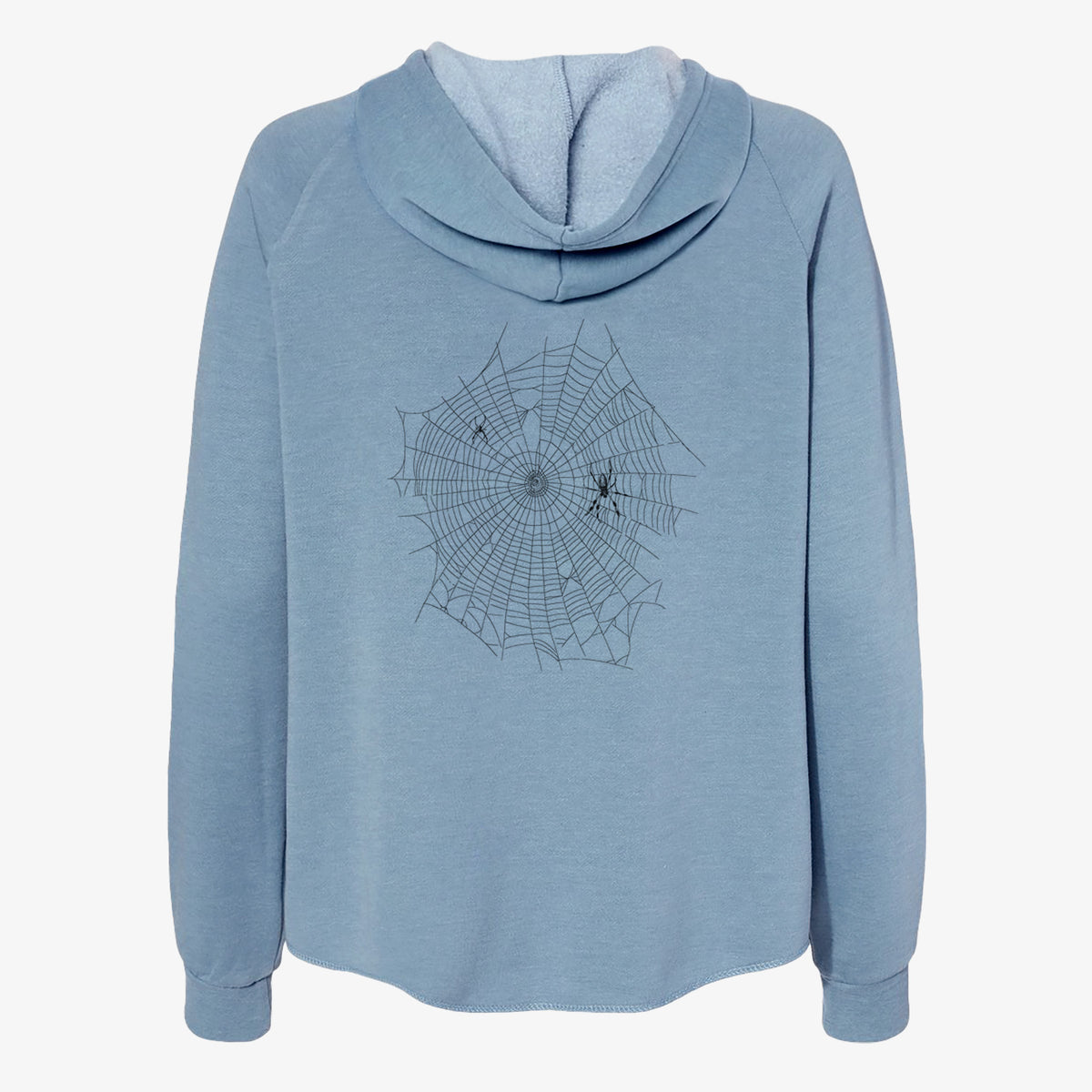 Misty blue women's Cali Wave zip-up sweatshirt laid flat, printed with a black ink line drawing of an orb weaver spider in the center of its web.