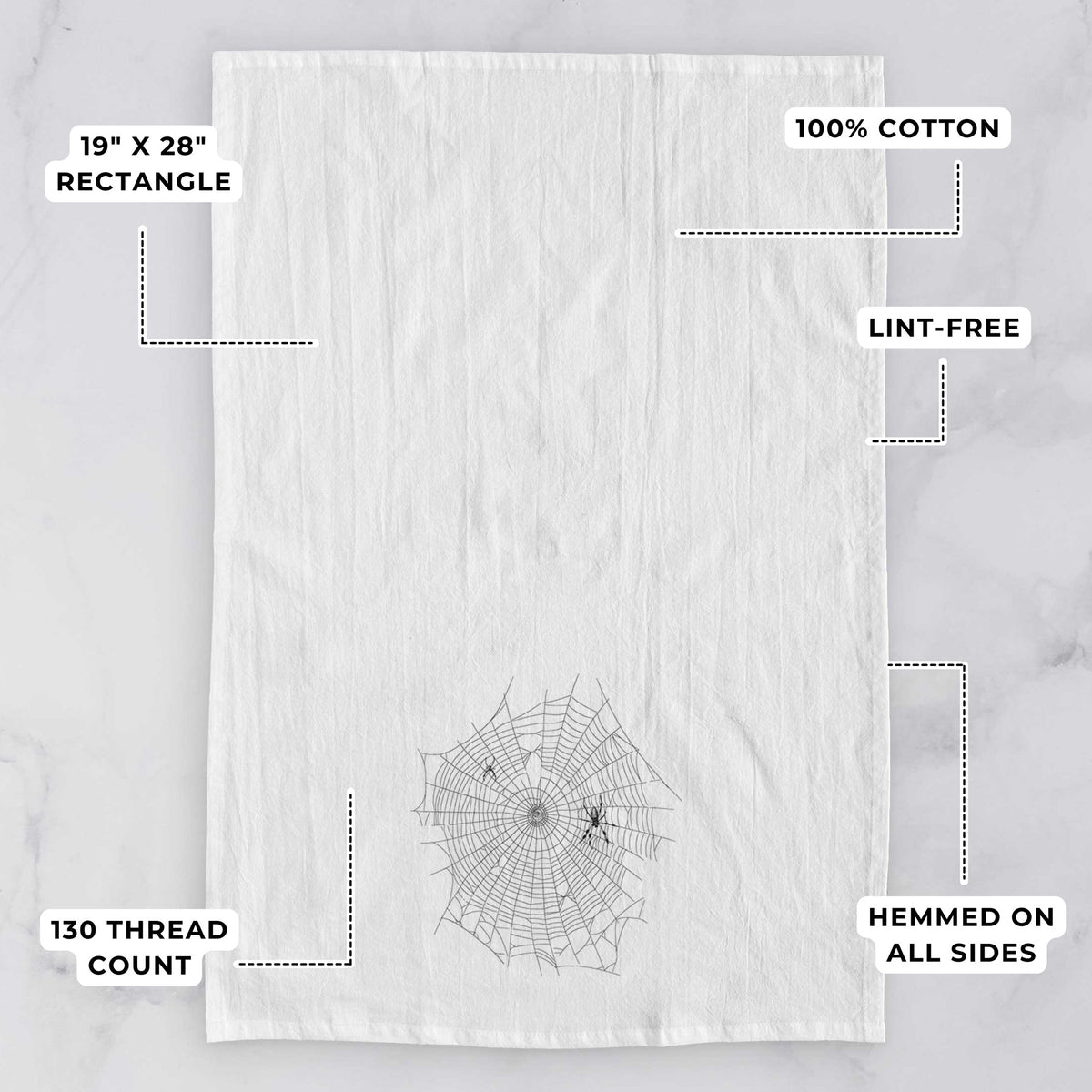White tea towel printed with a black ink line drawing of an orb weaver spider in the center of its web, with feature labels: 19 by 28 inch rectangle, 100% cotton, lint-free, 130 thread count, hemmed on all sides.