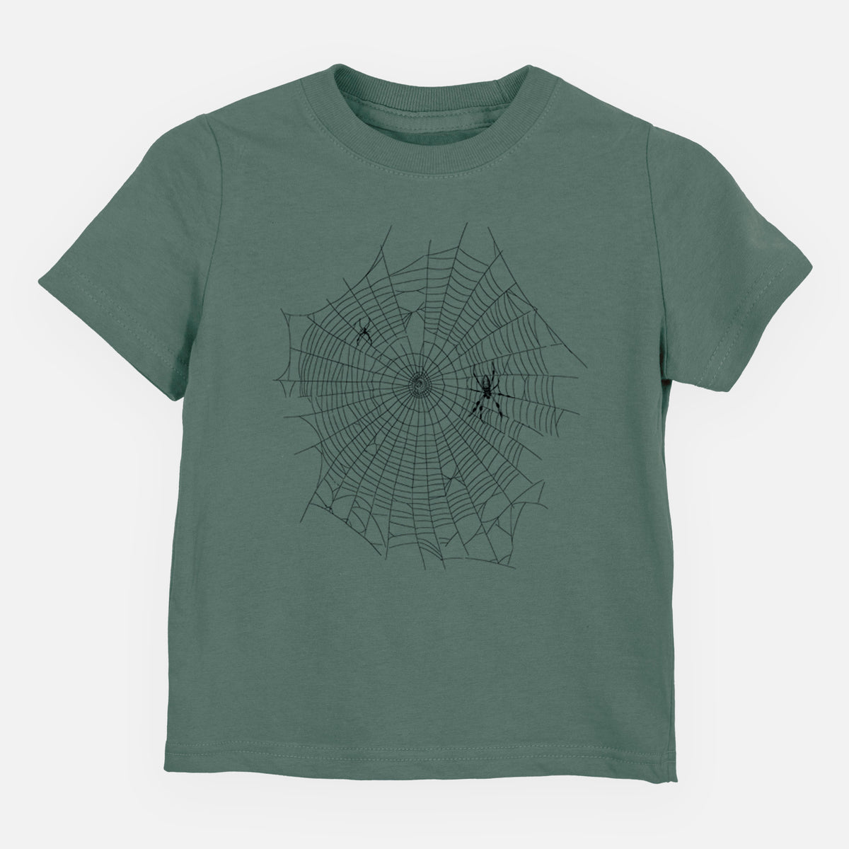 Basil green toddler t-shirt laid flat, printed with a black ink line drawing of an orb weaver spider in the center of its web.