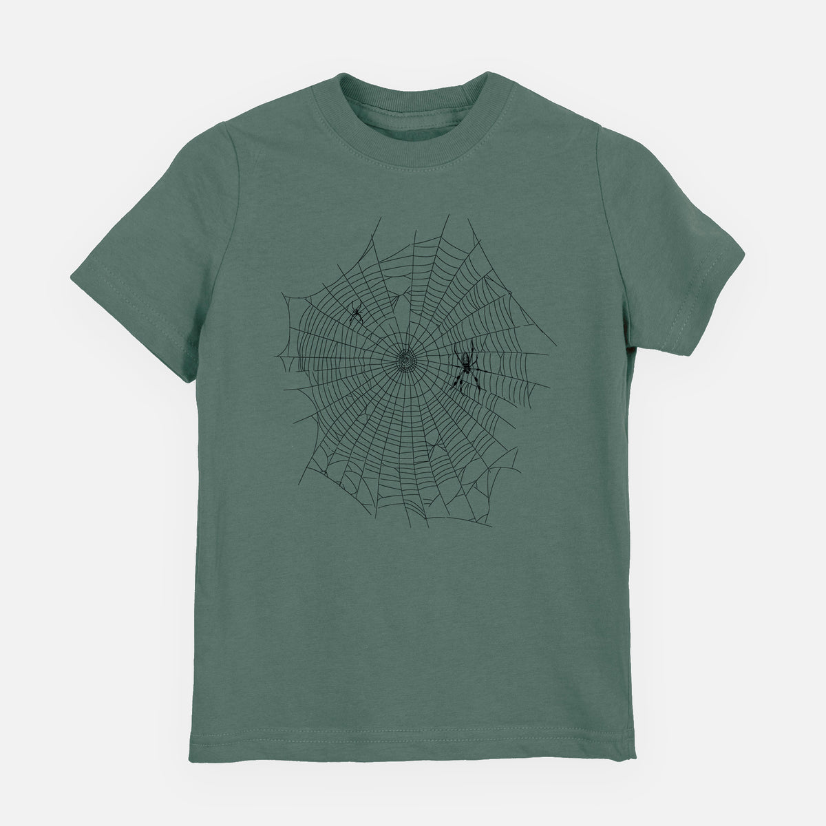 Basil green youth t-shirt laid flat, printed with a black ink line drawing of an orb weaver spider in the center of its web.