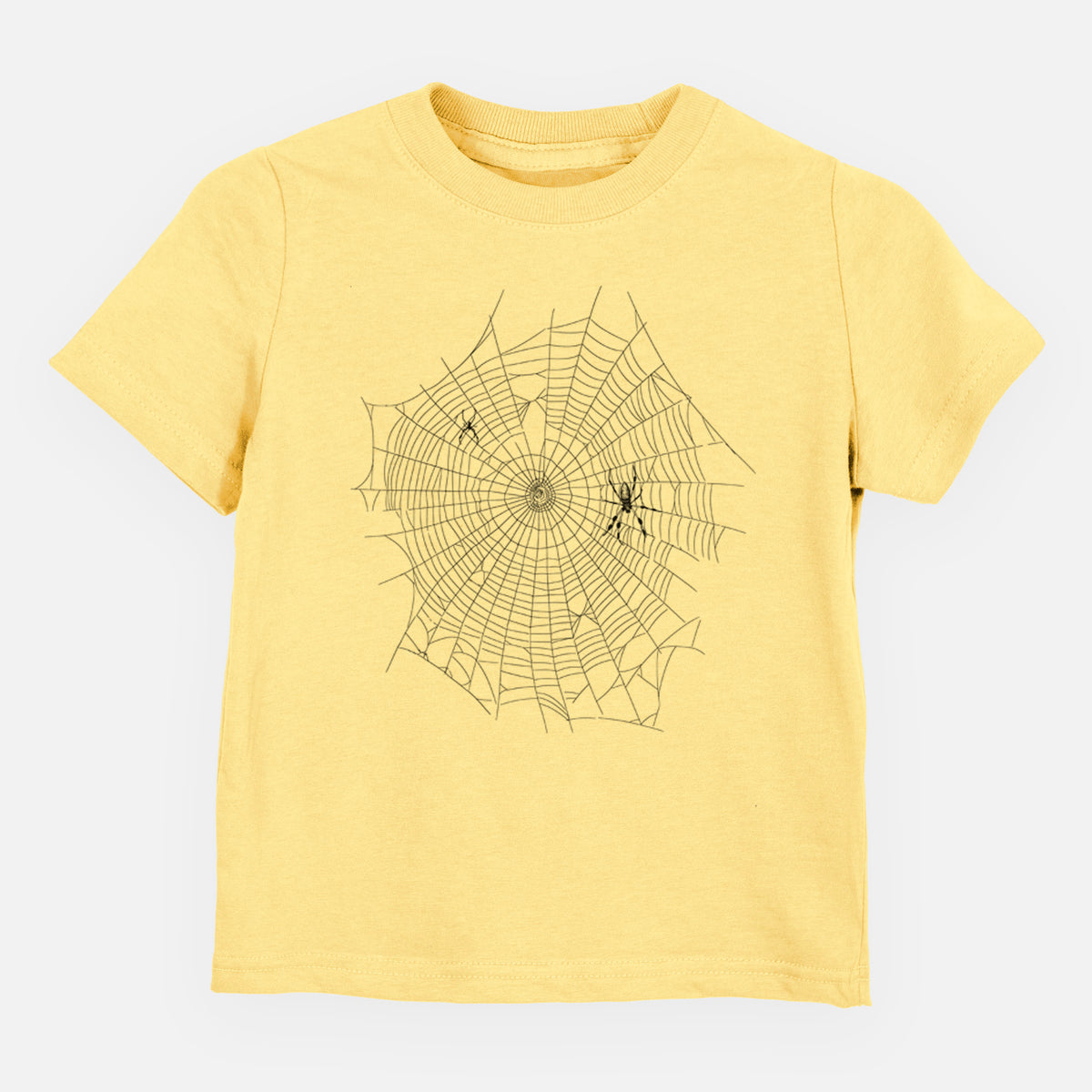 Butter yellow toddler t-shirt laid flat, printed with a black ink line drawing of an orb weaver spider in the center of its web.