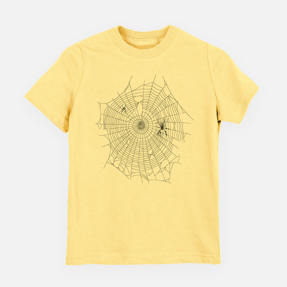 Butter yellow youth t-shirt laid flat, printed with a black ink line drawing of an orb weaver spider in the center of its web.