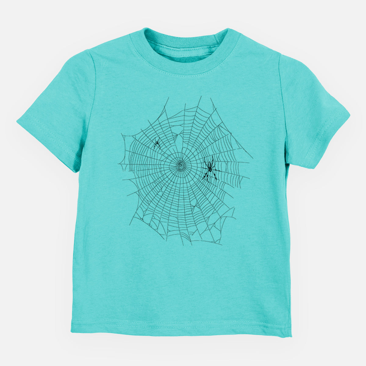 Caribbean blue toddler t-shirt laid flat, printed with a black ink line drawing of an orb weaver spider in the center of its web.