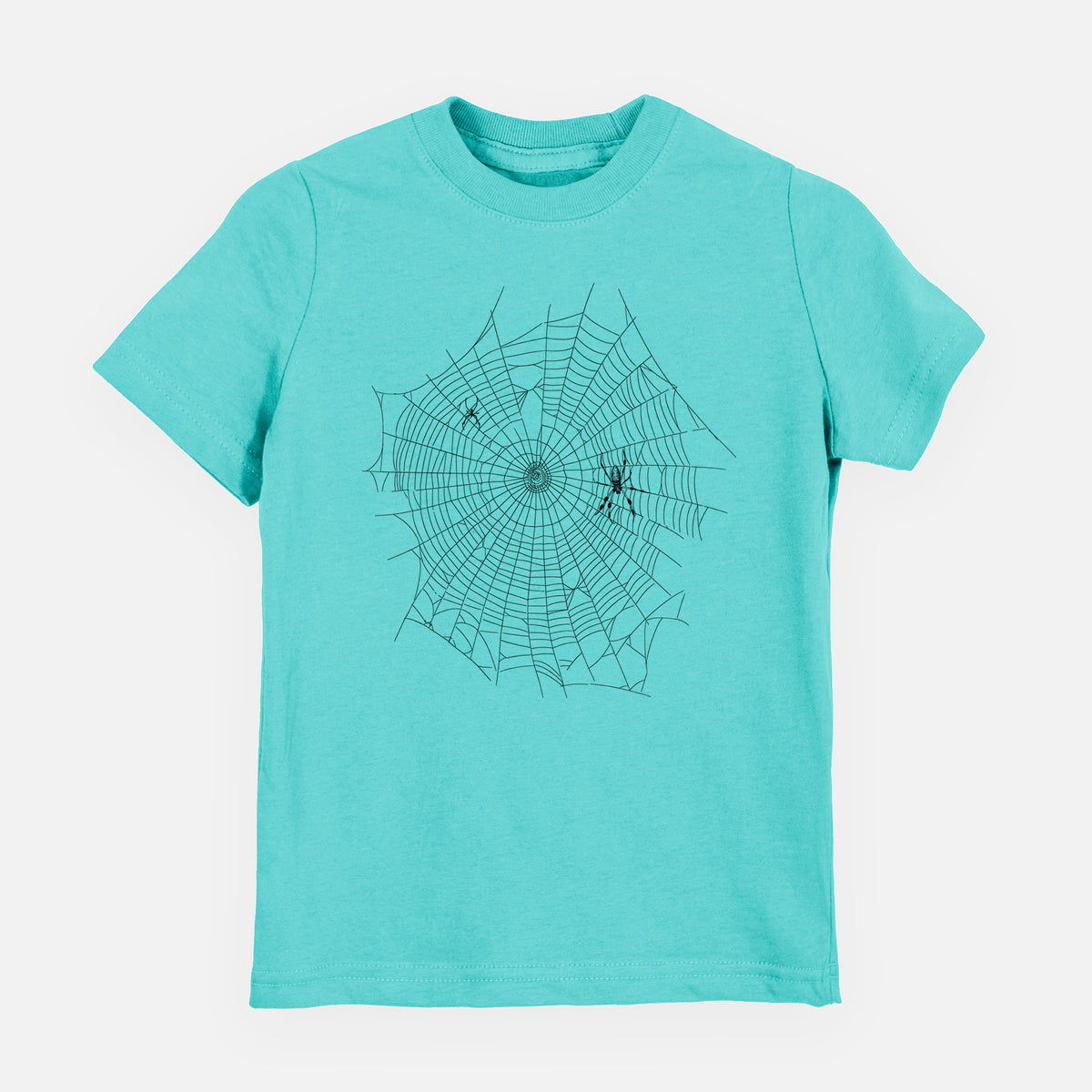 Caribbean blue youth t-shirt laid flat, printed with a black ink line drawing of an orb weaver spider in the center of its web.