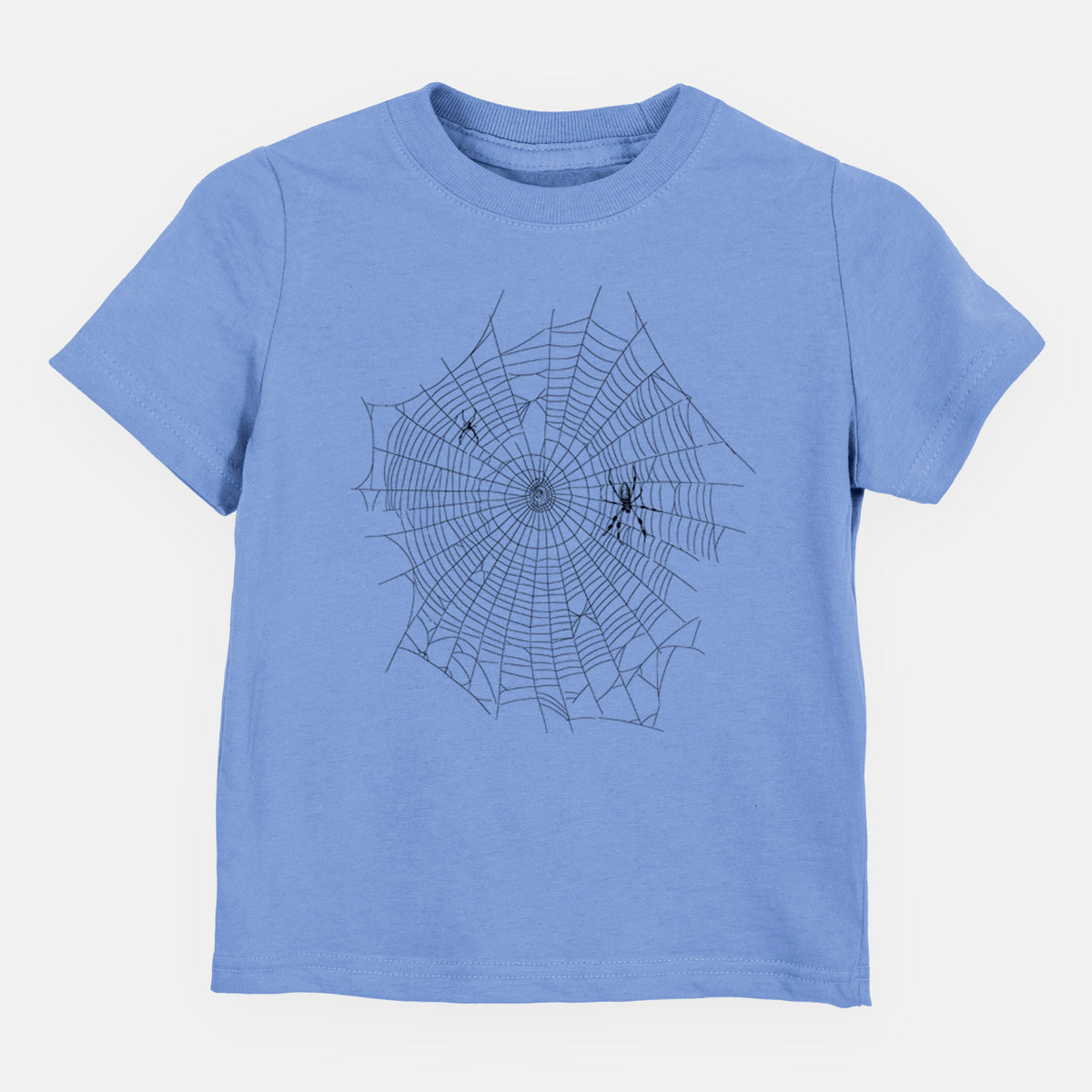 Carolina blue toddler t-shirt laid flat, printed with a black ink line drawing of an orb weaver spider in the center of its web.