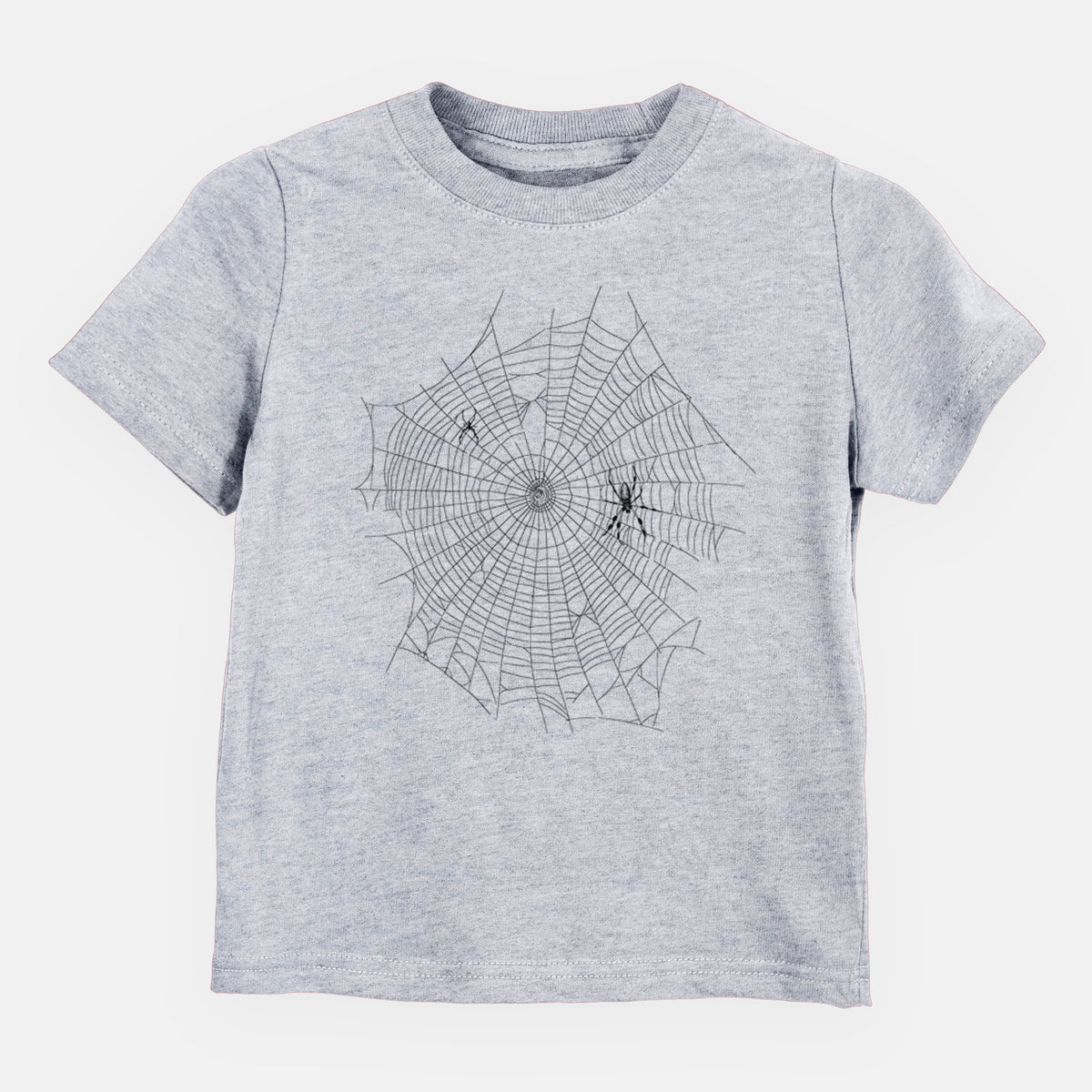 Heather grey toddler t-shirt laid flat, printed with a black ink line drawing of an orb weaver spider in the center of its web.