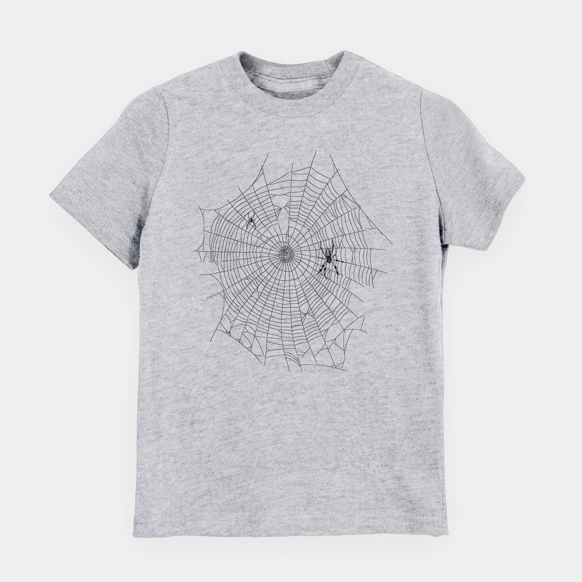 Heather grey youth t-shirt laid flat, printed with a black ink line drawing of an orb weaver spider in the center of its web.