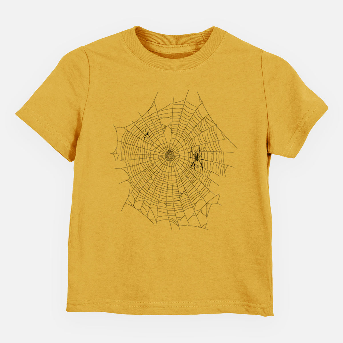 Honeycomb yellow toddler t-shirt laid flat, printed with a black ink line drawing of an orb weaver spider in the center of its web.