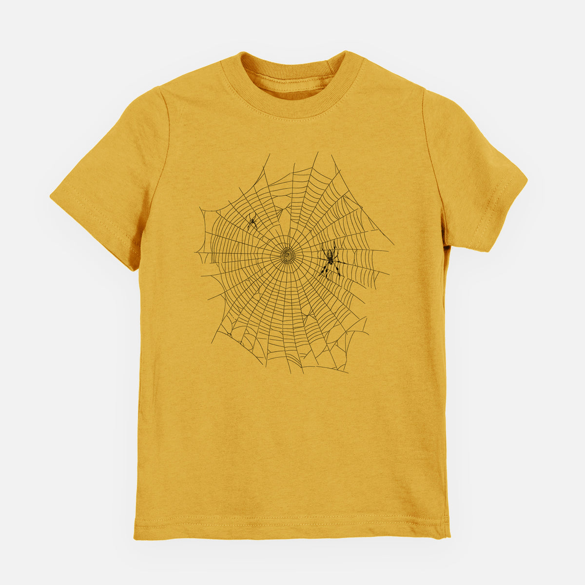 Honeycomb yellow youth t-shirt laid flat, printed with a black ink line drawing of an orb weaver spider in the center of its web.