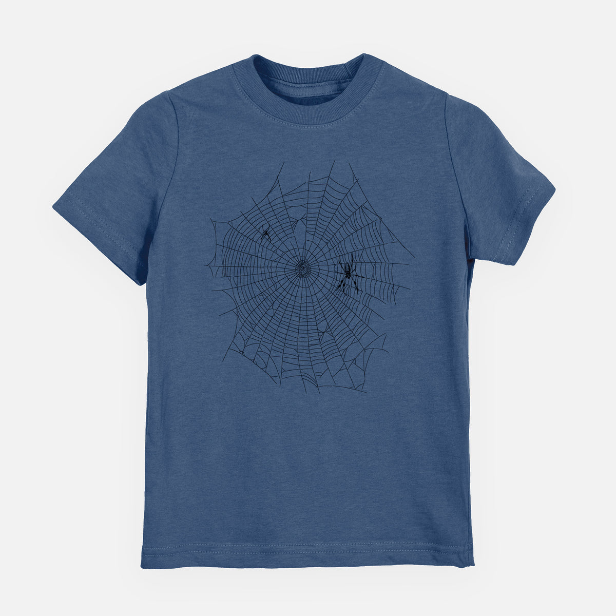 Indigo blue youth t-shirt laid flat, printed with a black ink line drawing of an orb weaver spider in the center of its web.