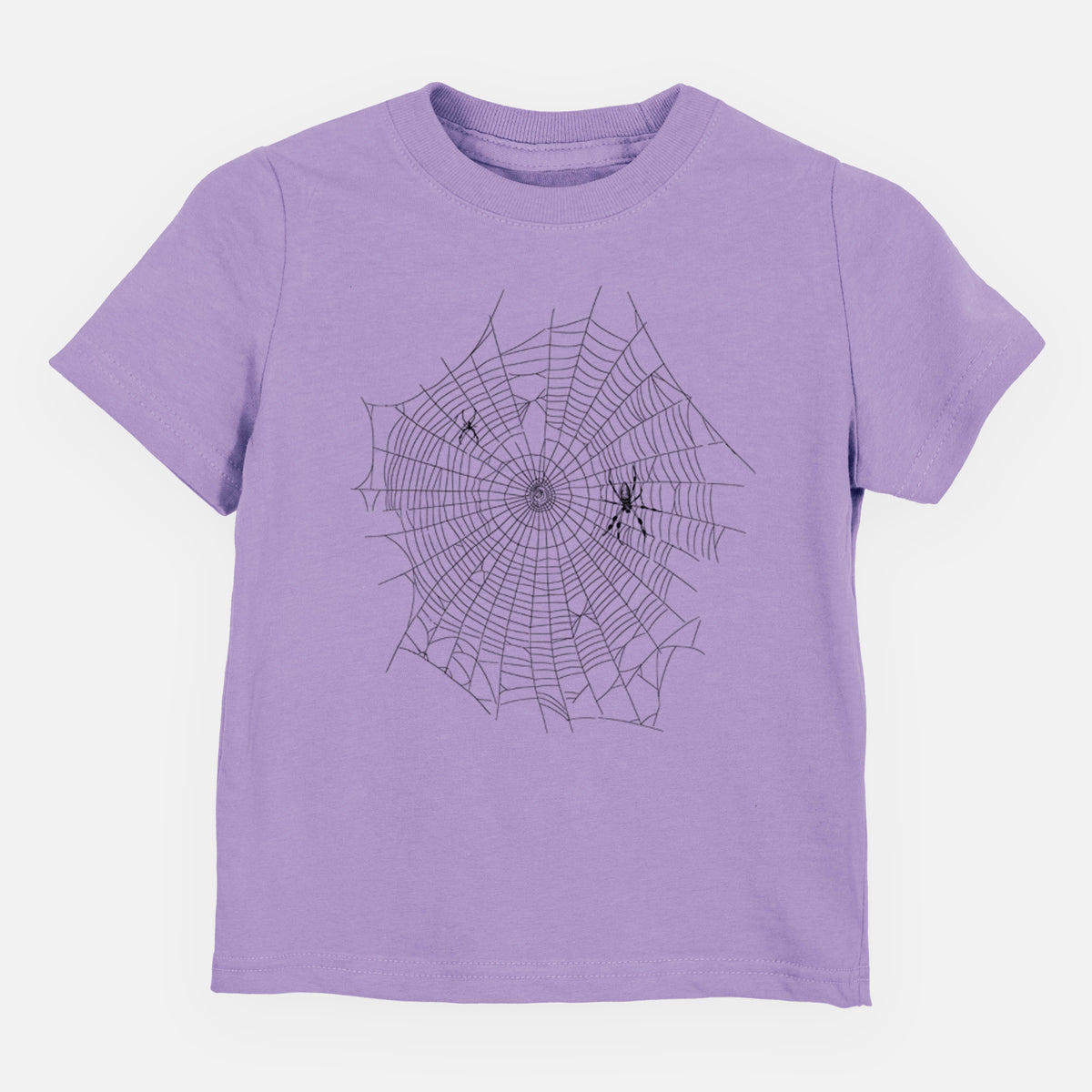 Lavender toddler t-shirt laid flat, printed with a black ink line drawing of an orb weaver spider in the center of its web.