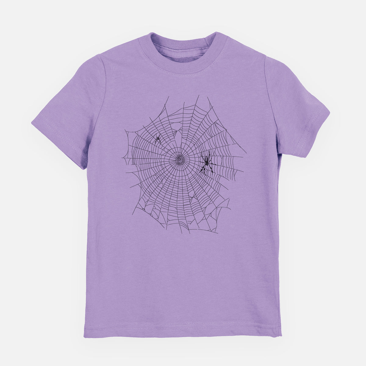 Lavender youth t-shirt laid flat, printed with a black ink line drawing of an orb weaver spider in the center of its web.