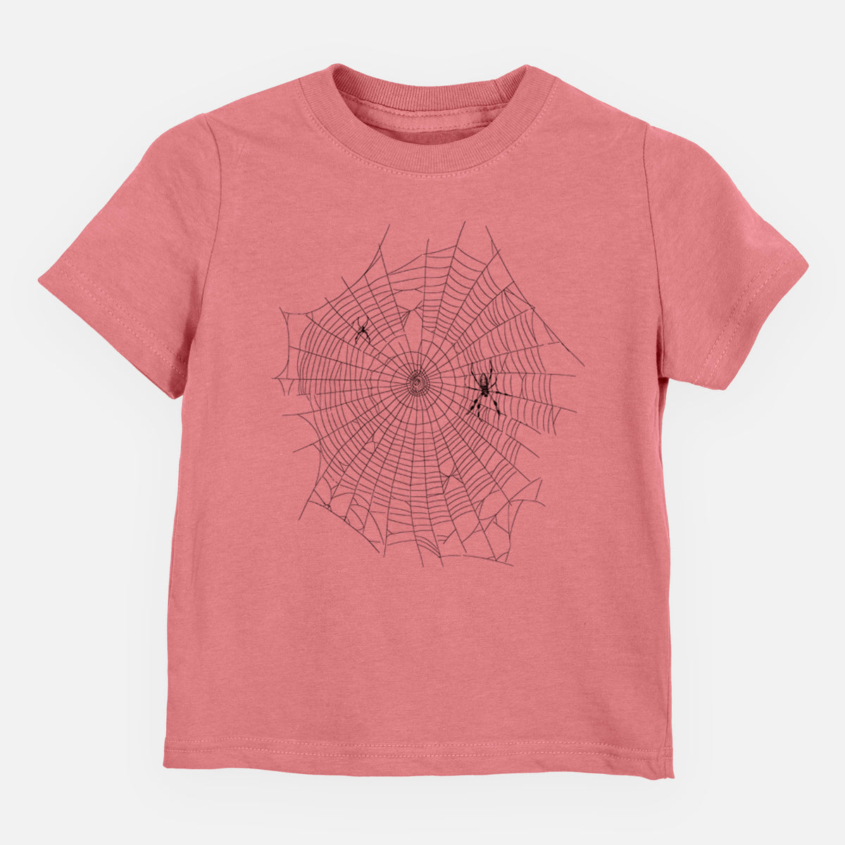 Mauve pink toddler t-shirt laid flat, printed with a black ink line drawing of an orb weaver spider in the center of its web.