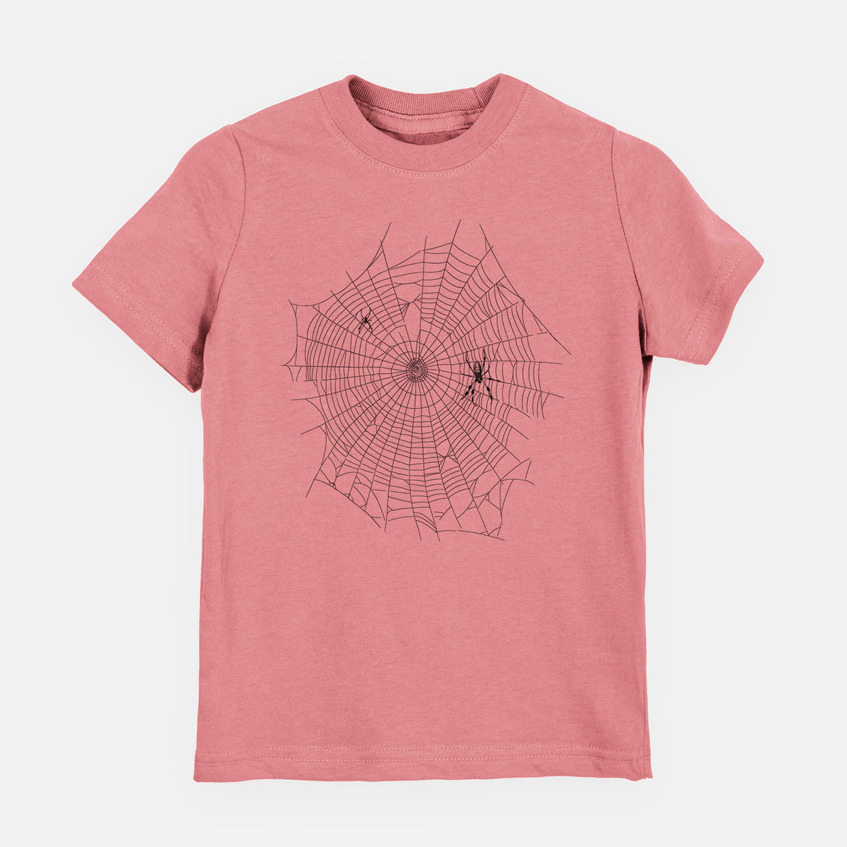 Mauve pink youth t-shirt laid flat, printed with a black ink line drawing of an orb weaver spider in the center of its web.