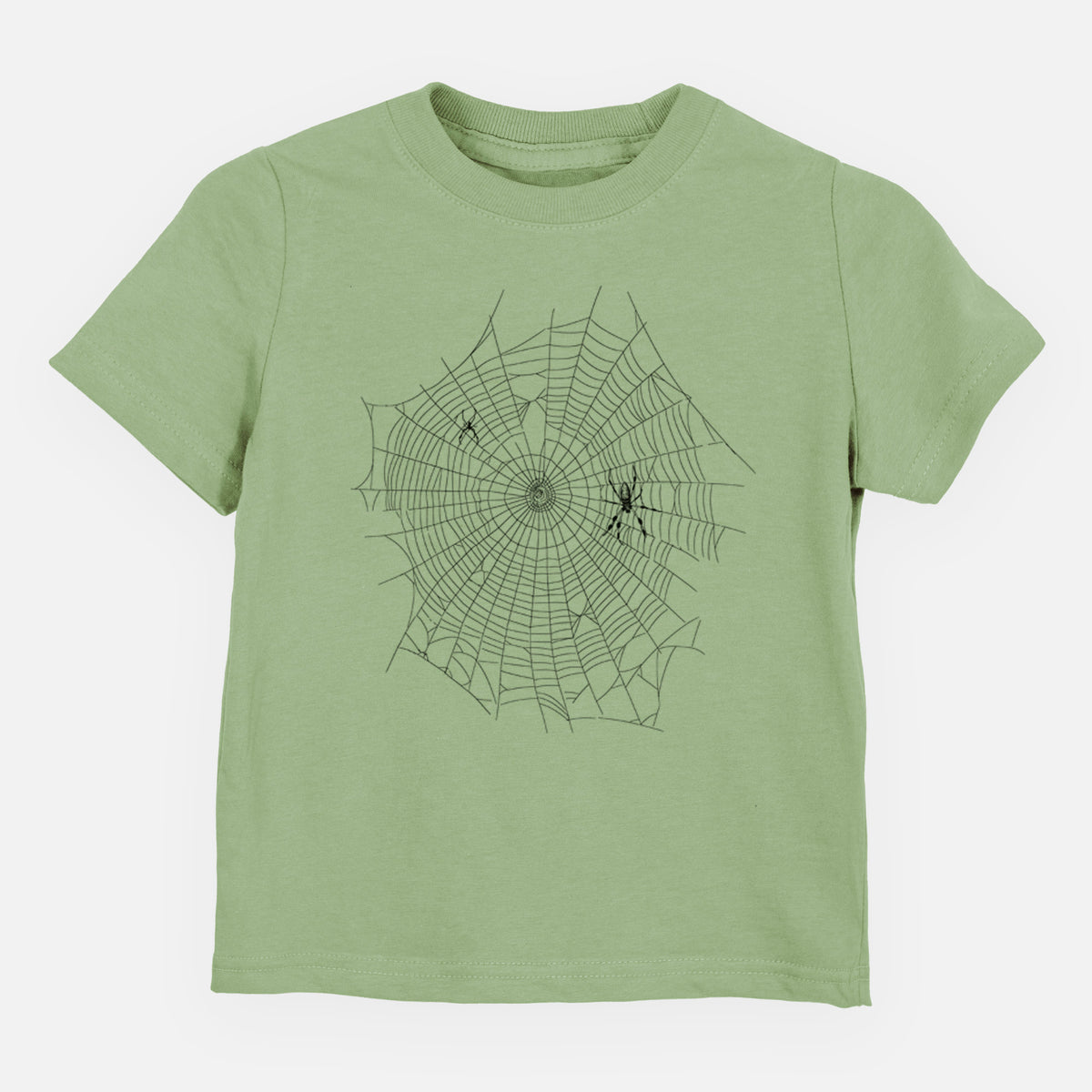 Sage green toddler t-shirt laid flat, printed with a black ink line drawing of an orb weaver spider in the center of its web.