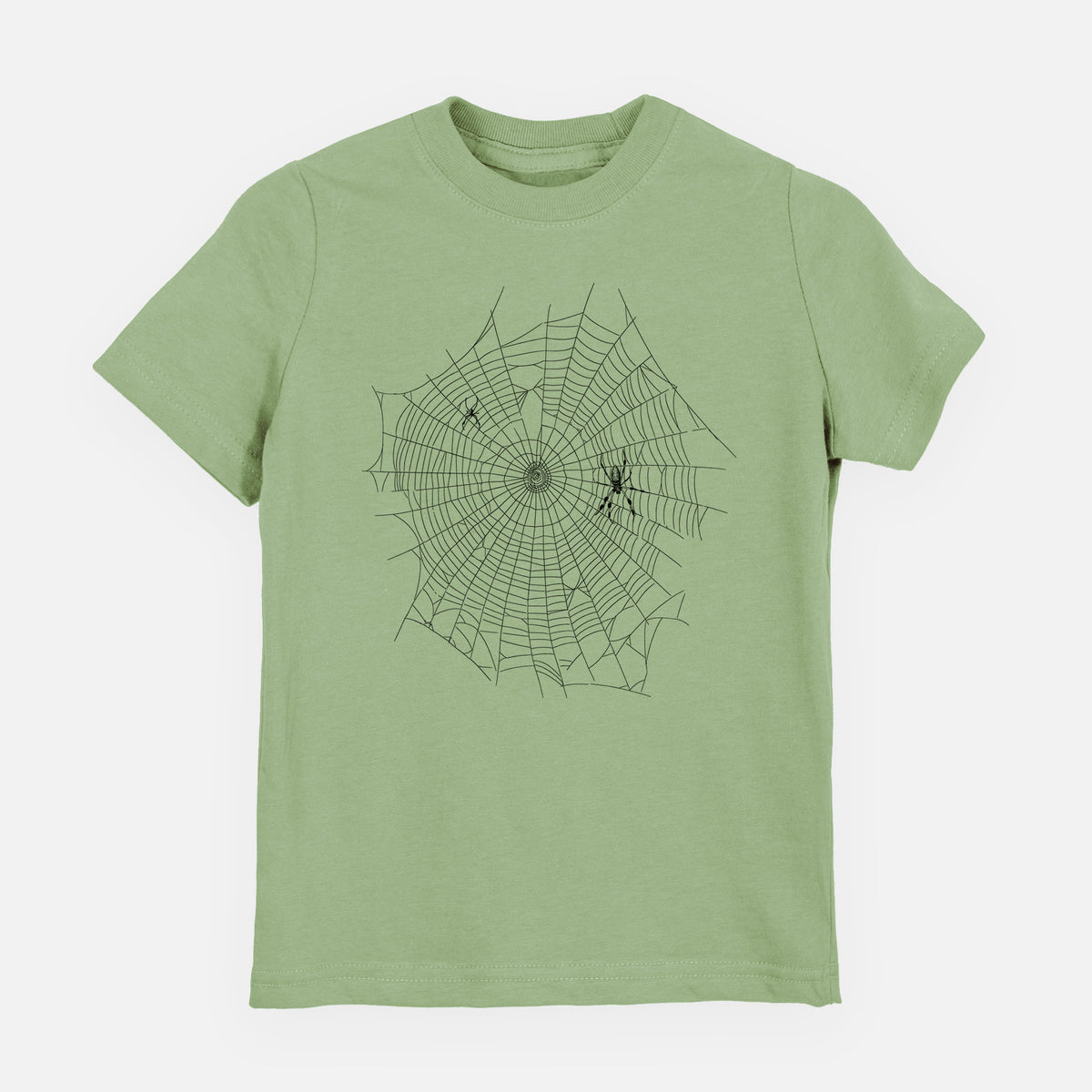 Sage green youth t-shirt laid flat, printed with a black ink line drawing of an orb weaver spider in the center of its web.