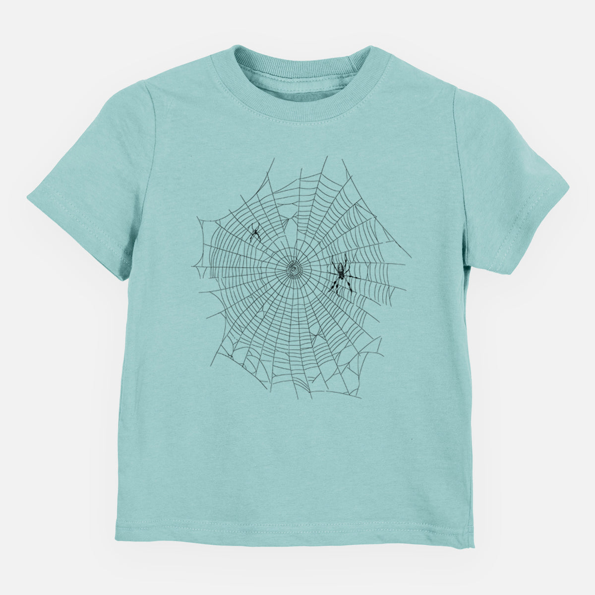 Saltwater toddler t-shirt laid flat, printed with a black ink line drawing of an orb weaver spider in the center of its web.