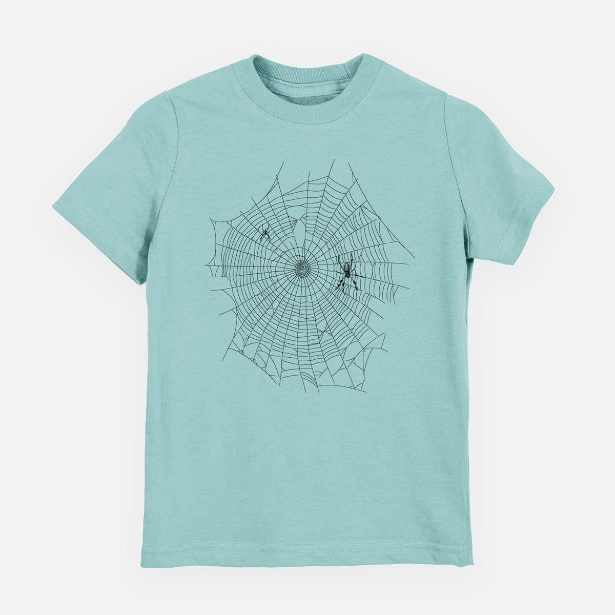 Saltwater youth t-shirt laid flat, printed with a black ink line drawing of an orb weaver spider in the center of its web.