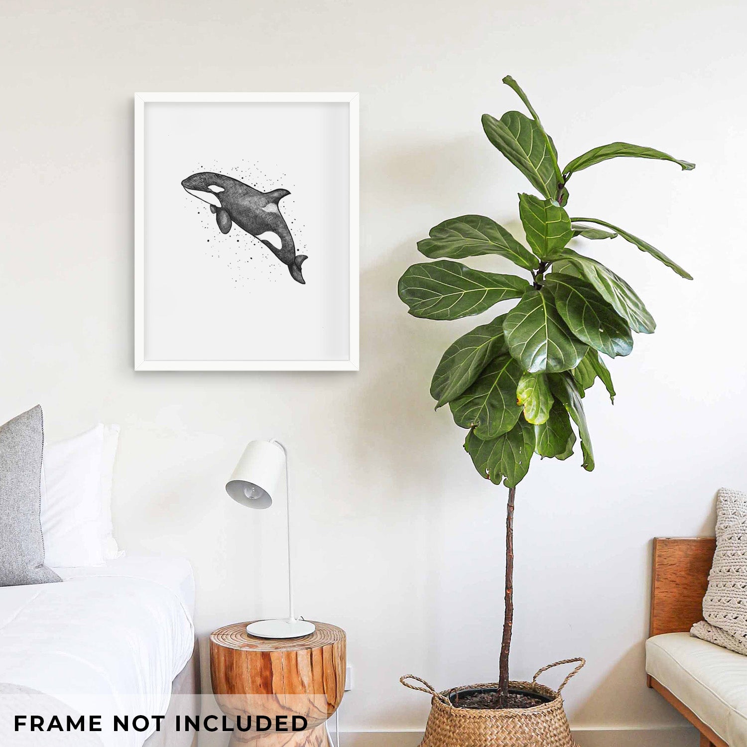 Art print of a black ink illustration of an orca leaping, with ink splatters, shown with eucalyptus leaves.