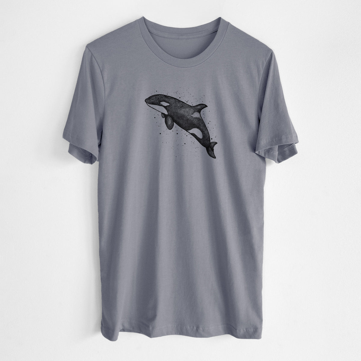 Storm grey lightweight cotton t-shirt laid flat, printed with a black ink illustration of an orca leaping, with ink splatters.