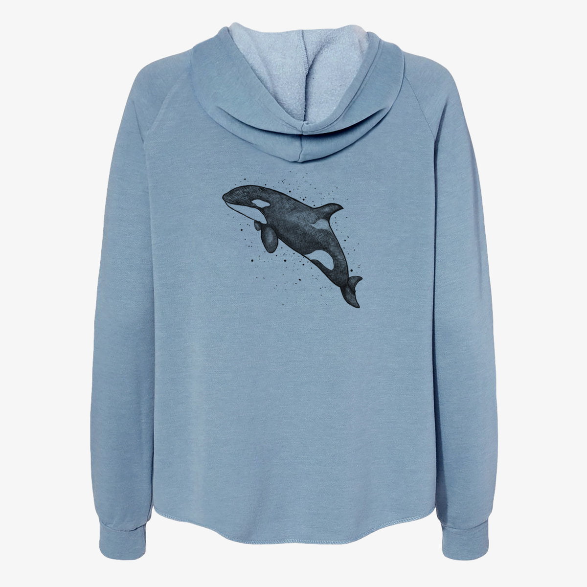 Misty blue women's Cali Wave zip-up sweatshirt laid flat, printed with a black ink illustration of an orca leaping, with ink splatters.