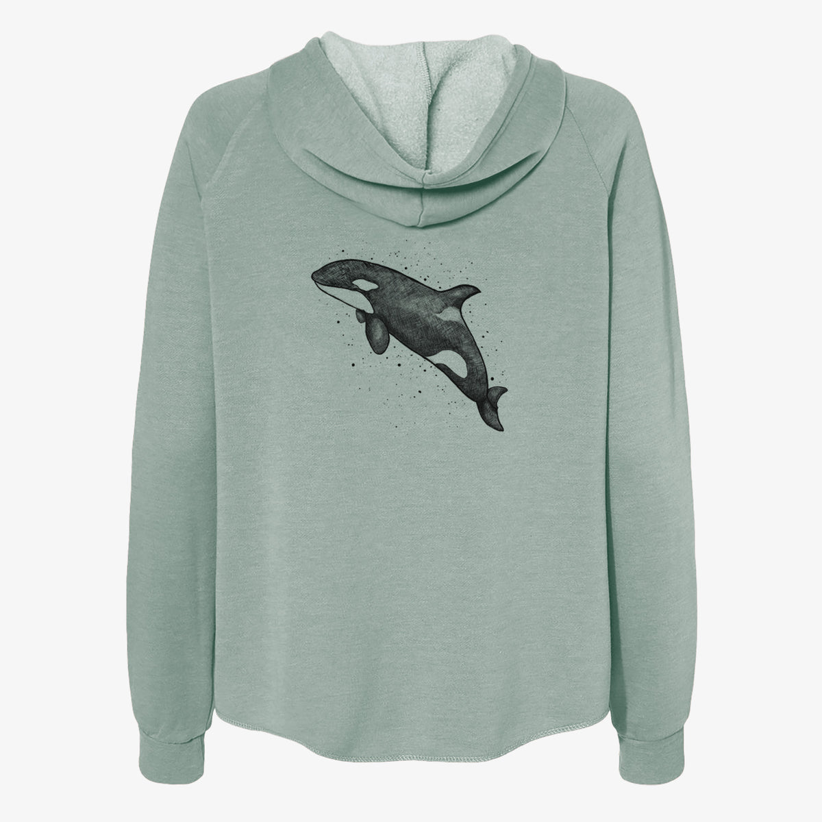 Sage green women's Cali Wave zip-up sweatshirt laid flat, printed with a black ink illustration of an orca leaping, with ink splatters.