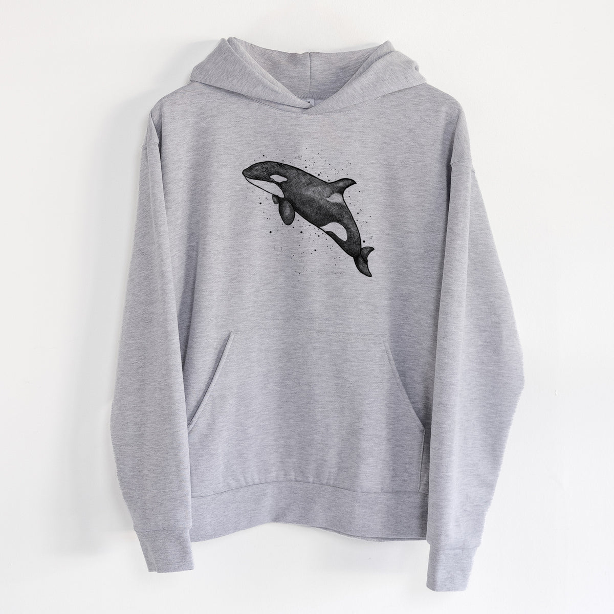 Orca Whale - Statement Midweight Hoodie in Heather Grey, hanging on a white wall, with a front kangaroo pocket and no drawcords.