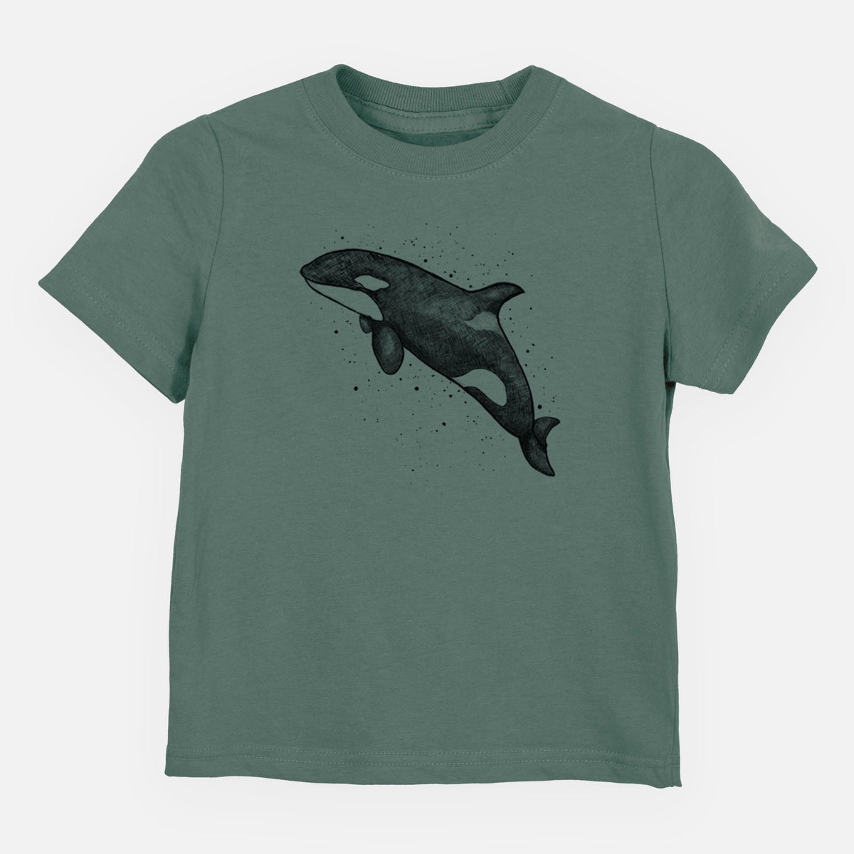 Basil green toddler t-shirt laid flat, printed with a black ink illustration of an orca leaping, with ink splatters.
