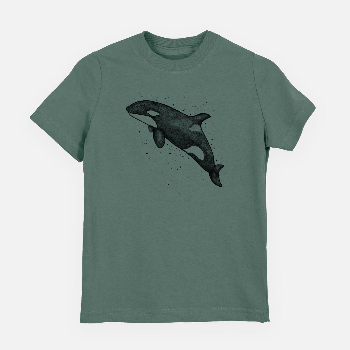 Basil green youth t-shirt laid flat, printed with a black ink illustration of an orca leaping, with ink splatters.