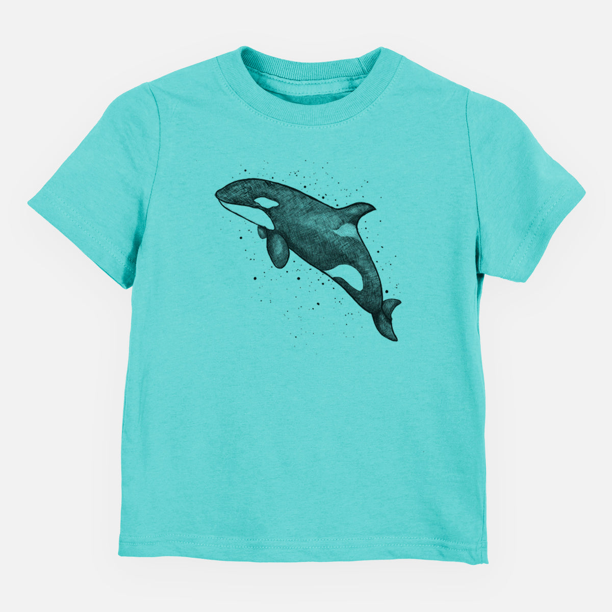 Caribbean blue toddler t-shirt laid flat, printed with a black ink illustration of an orca leaping, with ink splatters.