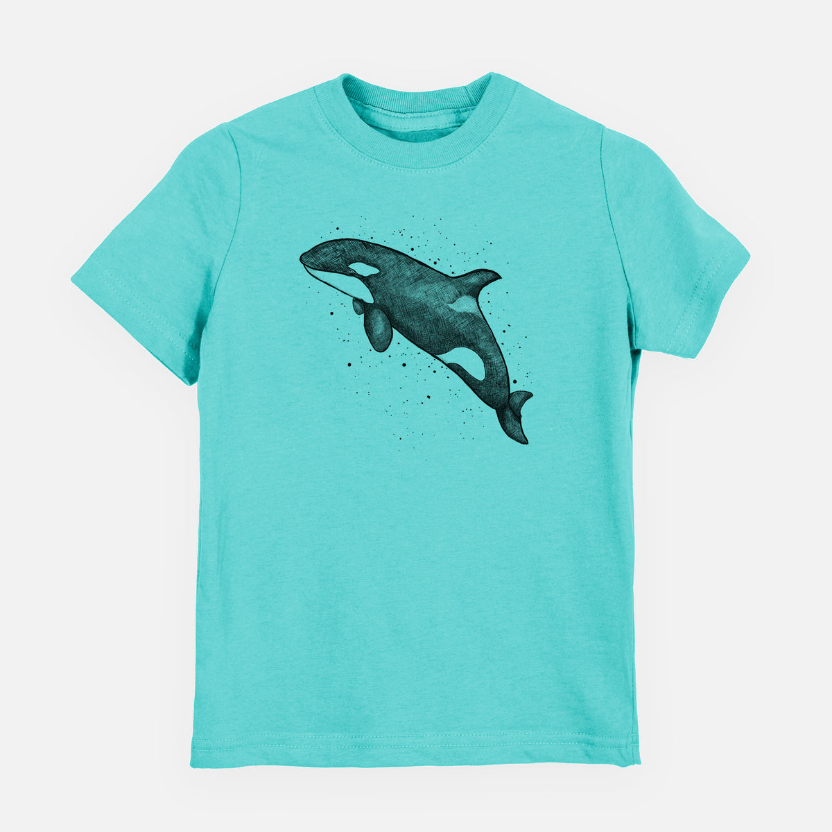Caribbean blue youth t-shirt laid flat, printed with a black ink illustration of an orca leaping, with ink splatters.