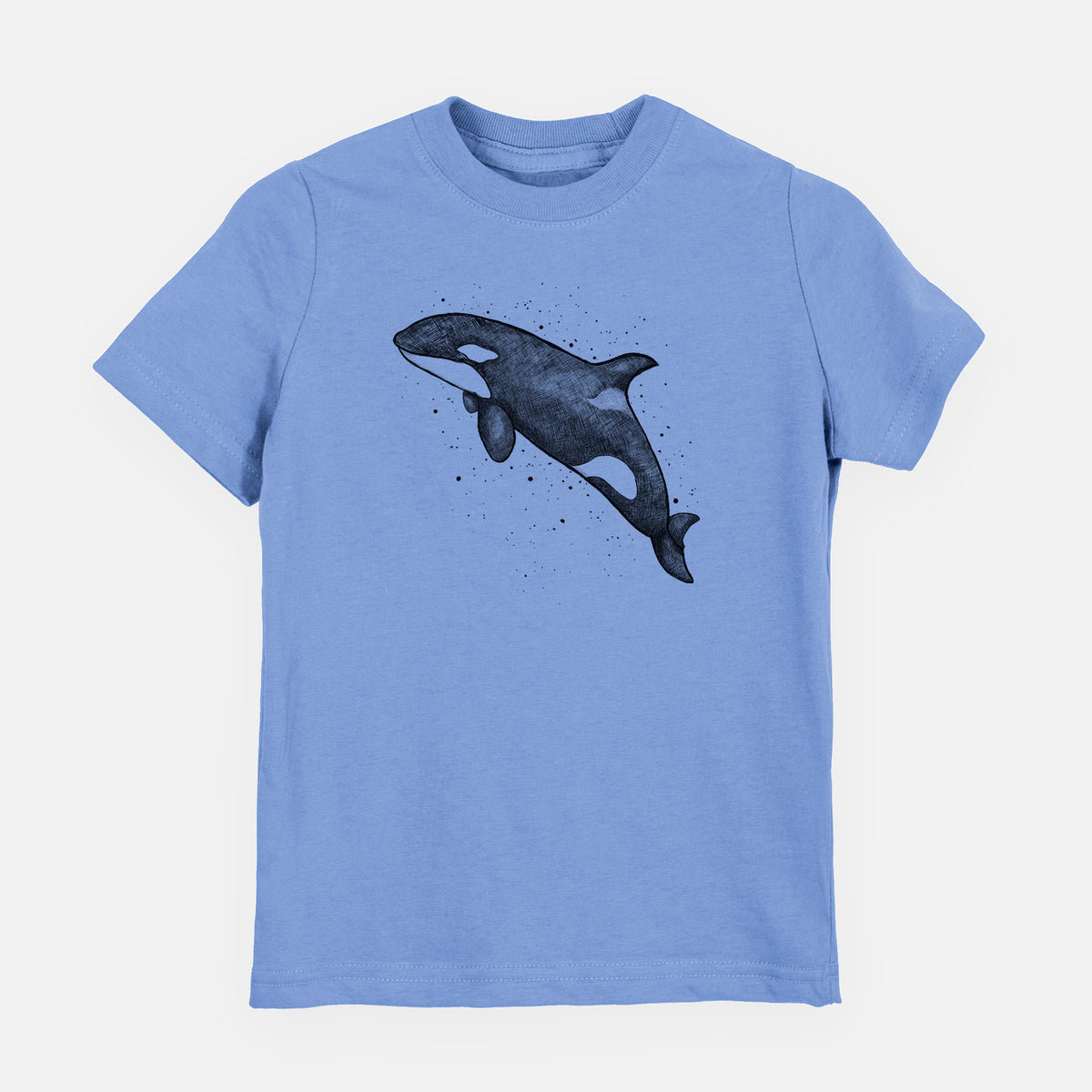 Carolina blue youth t-shirt laid flat, printed with a black ink illustration of an orca leaping, with ink splatters.