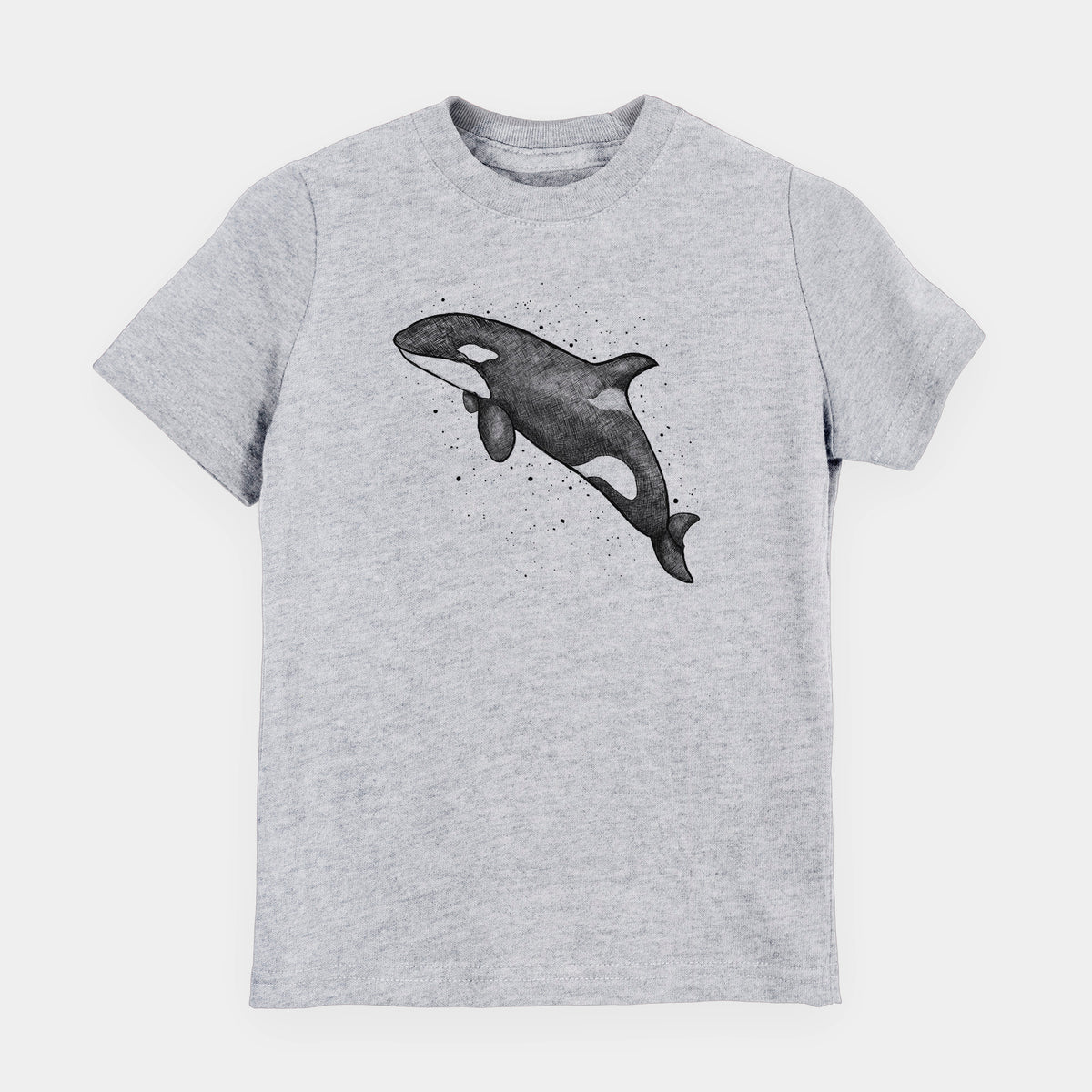 Heather grey youth t-shirt laid flat, printed with a black ink illustration of an orca leaping, with ink splatters.