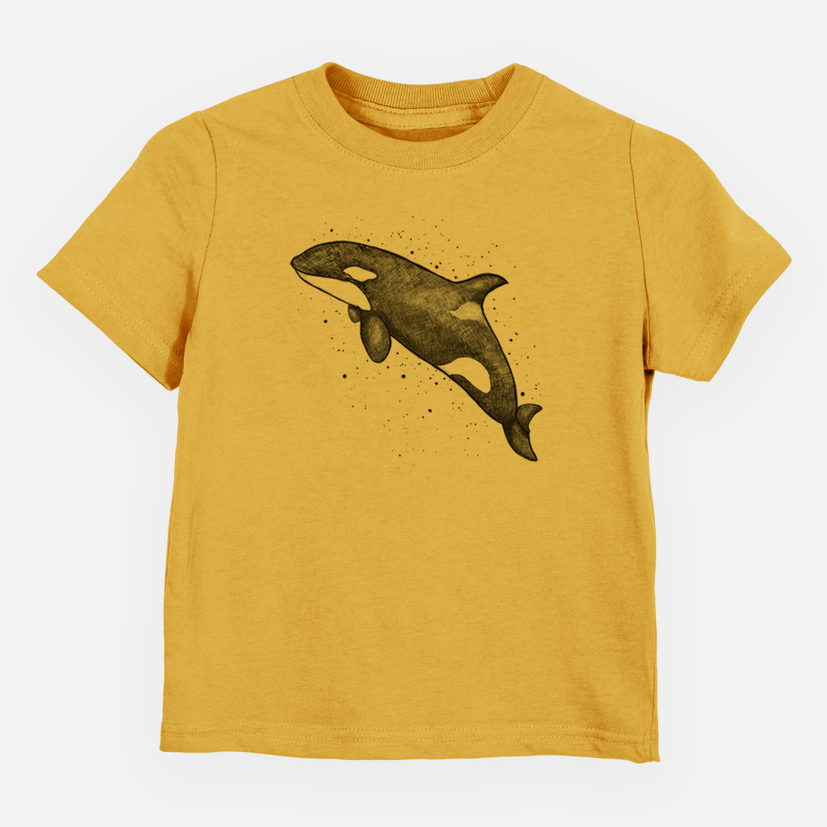 Honeycomb yellow toddler t-shirt laid flat, printed with a black ink illustration of an orca leaping, with ink splatters.