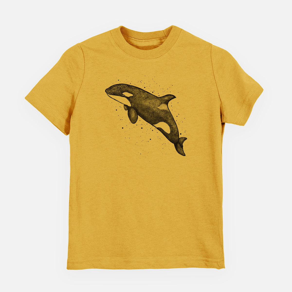 Honeycomb yellow youth t-shirt laid flat, printed with a black ink illustration of an orca leaping, with ink splatters.